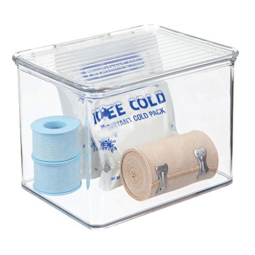 mDesign Stackable Plastic Storage Bin Box with Hinged Lid Organizer for Vitamins, Supplements, Serums, Essential Oils, Medicine Pill Bottles, Adhesive Bandages, First Aid Supplies - Clear