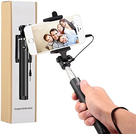 Selfie Stick, nilogie® Plug-N-Snap Pro NIL-315 Pocket Size Self Portrait Extendable Handheld Monopod Stick with Adjustable Phone Holder with Built-in Remote Shutter - Charge Free - Designed for Apple iPhone and Android Smartphones - Black