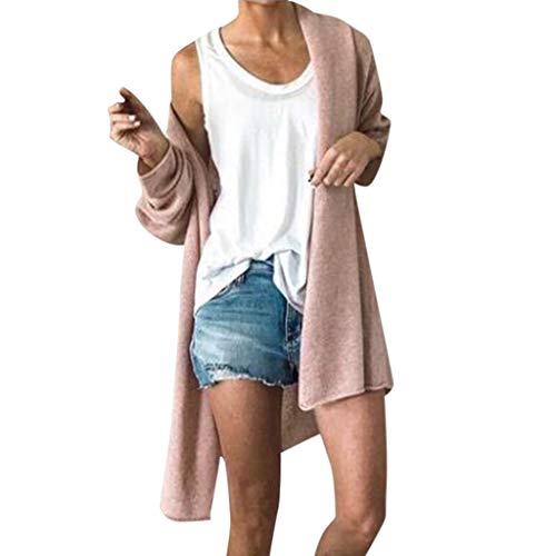 ANJUNIE Women Cardigans Long Sleeve Solid Color Kimono Outerwear Midi Length Open Front Jacket(Pink,L)
