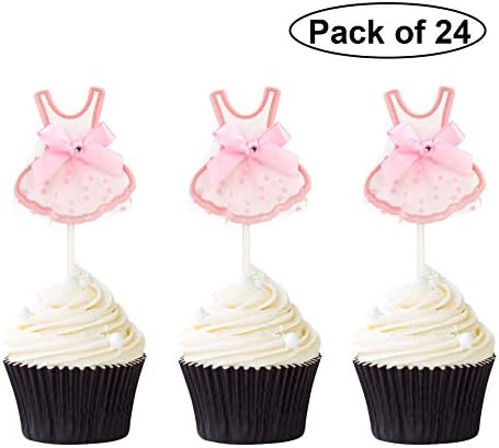 24 PCS Pink Ballerina Tutu Cupcake Toppers Theme Party Food Cake Picks