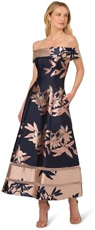 adrianna papell women's ruffled metallic jacquard dress Adrianna Papell Floral Jacquard Off the Shoulder Gown