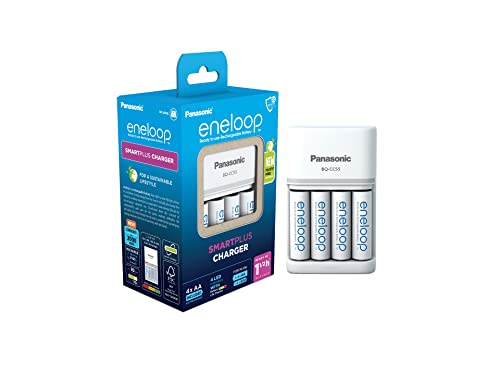 eneloop Caricabatterie SmartPlus per Batterie AA/AAA Ni-MH, Include 4 Batterie AA 2000mAh, Ricarica Rapida 1,5 Ore, con LED e 10 Funzioni di Sicurezza