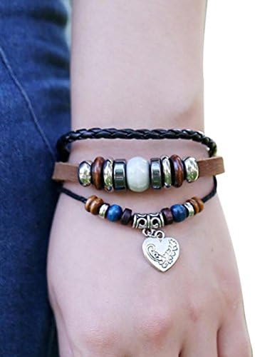 OVERMAL Heart Shape Metal Pendant Wood Beaded Adjustable Length Single Leather Wrap Bracelet