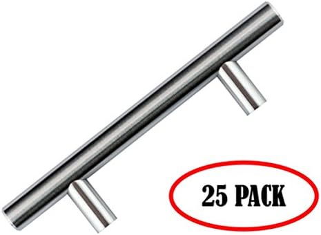 HOLLOW Brushed Nickel Cabinet T Style Bar Pulls 5 3/8 Inch 1/2 Inch Diameter Set of 25 Handles with Two Screw Sizes