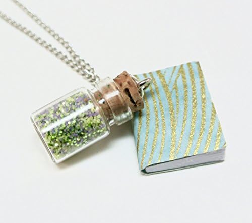 Spell Book Necklace- Teal and Gold Miniature Book with Mini Potion Bottle
