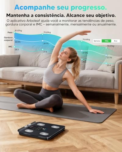 arboleaf Balança Digital Corporal com Bioimpedância, 50+ Métricas Balança de Bioimpedância Inteligente, Balanca Digital de Chao, Balança de Banheiro com BIA de Dupla Frequência e 8 Eletrodos Bluetooth