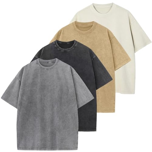 4 Pack Men's Oversized Cotton T-Shirts Loose Fit Vintage Tee Short Sleeve Casual Tshirts Solid Tops,BGKKBKGY-S at Amazon