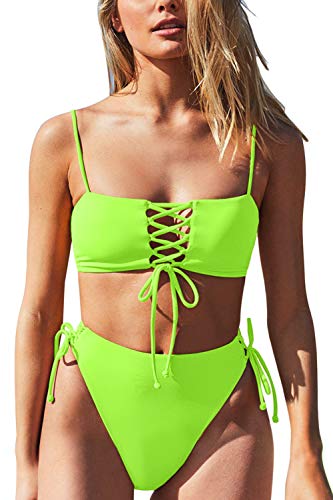 ESONLAR Women's Sexy Lace-Up Beandeau Bikini Top High Waisted Swimsuits Lemon Green S