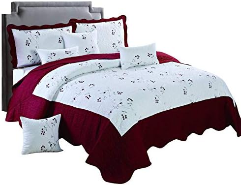 3 Piece Poly Cotton Floral Embroidered Quilted Bedspread Comforter Throw Bedding (Double Bed, Burgundy)