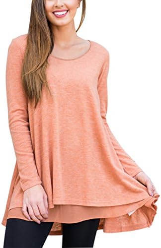 Women Lace Long Sleeve Blouse Layered Scoop Neck Loose Fit Dress Tunic Tops T Shirt (S, Orange)