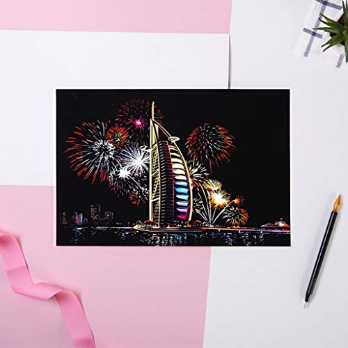 Eraimp Scratch & Sketch Art Paper A4 for Kids & Adults, Scratch Art Rainbow Painting Paper, Night View Scratchboard, Sketch Pads, Engraving Art Set: 4 Scratch Cards, Scratch Drawing Pen, Clean Brush - Thumbnail 3
