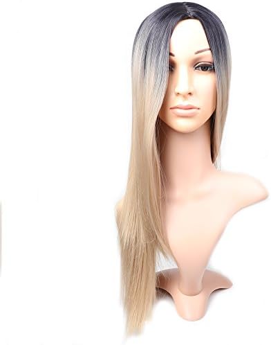 Favor Black And Blond Ombre Long Straight Wig T1B/35 Heat Resistant Synthetic Middle Part Cosplay&amp;Daily Wear Full Wigs For Women With Free Wig Cap