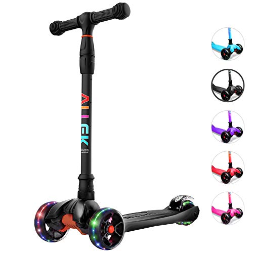 allek kick scooter b02, scooter lean 'n glide con ruedas extra anchas de pu con luces y 4 alturas ajustables para niños de 3 a 12 años