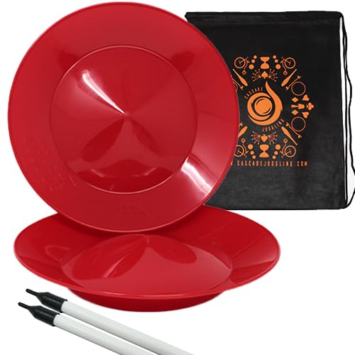Set of 2 Spinning Plates and Two Piece Sticks - Flexi Kid's Plate Spinning Set - Includes Cascade Carry Bag (Red)