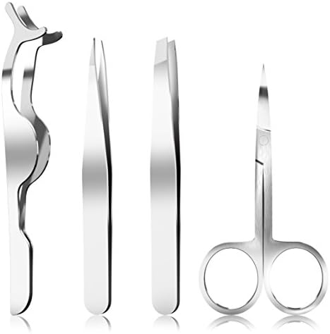 Tweezers Set, Gvoo Professional Stainless Steel Slant Tip Tweezers, Eyebrow Scissors and Fake Eyelashes-Great Precision for Eyebrow, Ingrown Hair, Splinter, Blackhead and Tick Remover – 4 Piece
