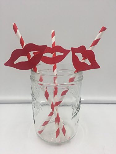 Glitter Striped Paper LIPS STRAWS Set of 25pcs LipSense Distributor Wedding Party Favor (red)