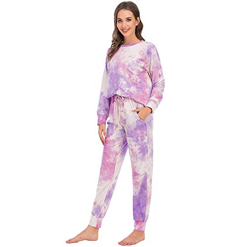 Women\'s Chirstmas Pajamas Sleepwears 2pcs Long Sleeves Pjs Nightwear Tops + Pants Sets for Auttumn Size 2XL 12 14 Purple