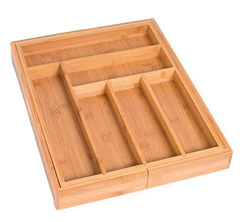 BirdRock Home Bamboo Expandable Utility Drawer Organizer â€“ Utensil Silverware â€“ Spoon Knife Fork â€“ 17.5 Inch â€“ Large â€“ Natural Wood â€“ Tray â€“ Adjustable Kitchen Organization
