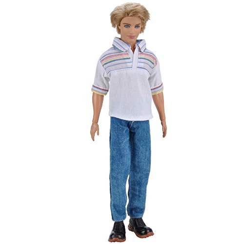 E-TING 1 Set = 2 PCS Casual Wear T-shirt Jeans Daily Pants Trousers Doll Clothes for Fashionistas Barbie Ken Doll (004#WB)