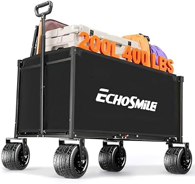 Carrello Pieghevole da Giardino 200L 180KG, Carretto da Spiaggia con Grandi Ruote, Carrelli da Trasporto con Maniglia Regolabile per Campeggio, Shopping e Attività All'aperto (Nero)
