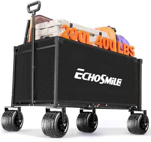 Carrello Pieghevole da Giardino 200L 180KG, Carretto da Spiaggia con Grandi Ruote, Carrelli da Trasporto con Maniglia Regolabile per Campeggio, Shopping e Attività All'aperto (Nero)