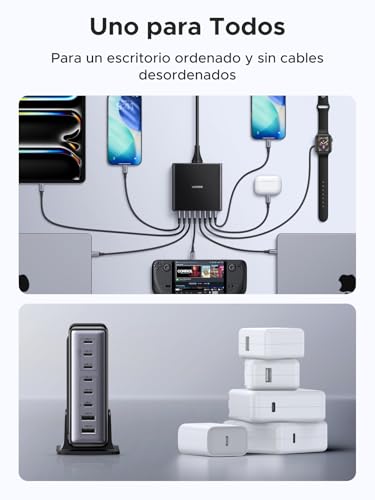 UGREEN Cargador 200W GAN y 8 Puertos, Estación de Carga de Escritorio con 6 USB C y USB PD, Carga Rápida de 100W, Compatible con MacBook Pro Air de 16", XPS 13, iPad Pro, iPhone 17Pro MAX, Galaxy S25