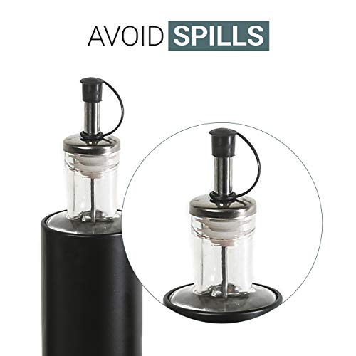 Salt and Pepper Shakers & Vinegar and Olive Oil Dispensers for the Kitchen - Airtight Glass Condiment Jars & Refillable Bottles - 4 Pcs Covered in Protective Black Metal & Stainless Steel Tops