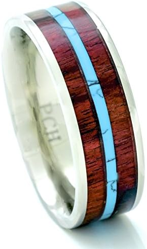 Titanium Hawaiian Koa Wood Wedding Band Turquoise Inlay Ring 8mm Size 7-15
