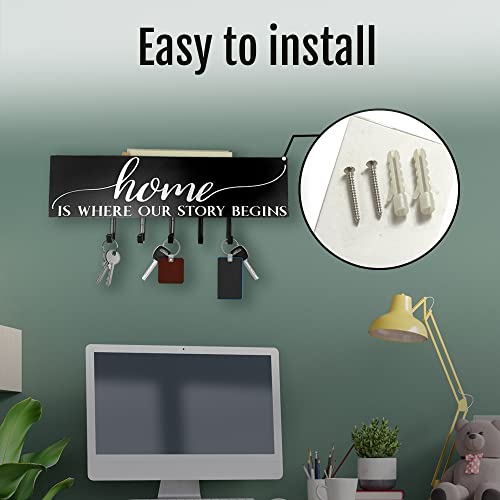 Black Key Holder For Wall With Hidden Mail Organizer - Decorative and Unique 5 Key Rack Hooks