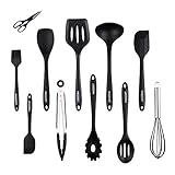 Kitchen Utensils Set,10+1 Piece Cooking Utensils Set,included 9 inch stainless&silicone food tong,ladle,turner,whisk,spaghetti server,slotted spoon,big spatula,mini spatula,brush,salad spoon - Black
