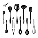 Kitchen Utensils Set,10+1 Piece Cooking Utensils Set,included 9 inch stainless&silicone food tong,ladle,turner,whisk,spaghetti server,slotted spoon,big spatula,mini spatula,brush,salad spoon - Black