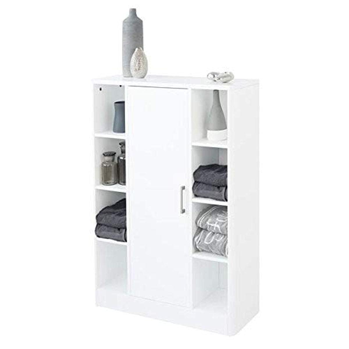House & Homestyle Kingley High Gloss Console Unit, Modern Free Standing Storage Cabinet, Home Organiser with 11 Mini Shelves/Cubby Holes and Cupboard - White Gloss (100cm x 71cm)