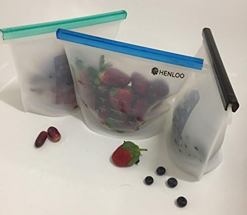 Reusable Silicone Food Bag Storage Preservation by Henloo, Large Airtight Zip Seal Containers, Set of 3 Microwavable Sandwich Bags for Cooking, Food Savers Steam Freezer Snack Bags Sous Vide
