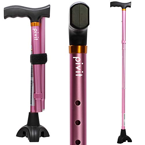 Pivit Walking Cane for Men & Women | Self Standing, Adjustable Offset Balance Stick 4 Point Quad Cane Tip | Lightweight & Sturdy Mobility Walker Aid for Arthritis, Elderly, Seniors & Handicap (Pink)