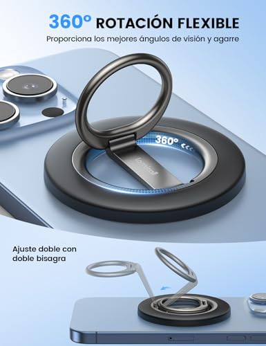 Lamicall Anillo MagSafe para Celular – Más Ángulos Soporte Magnético para Celular, Doble Bisagra Rotación Super Magnética Holder, Accesorios MagSafe Stand para iPhone 17, 16 Pro MAX y Android