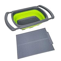 Premium Silicone Dish Drainer and Drying Mat - Large Washing Basin - Non Slip | Heat Resistant Gray Countertop Protection Trivet, Perfect for Kitchen, RV, Camping Camper | BPA(Grey mat + Dish drainer)