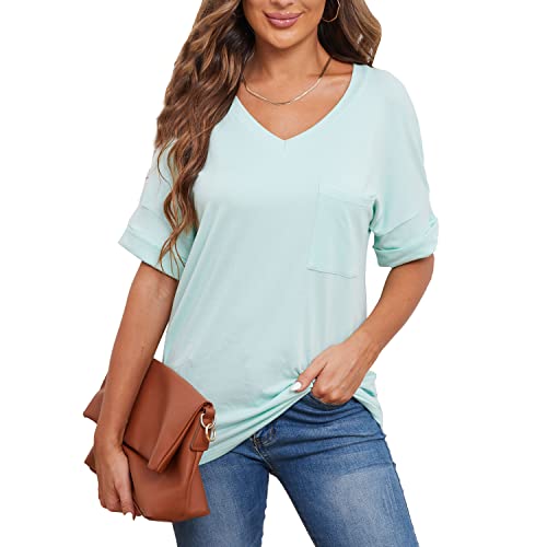 HELLOPOPGO WOMENS T SHIRTS SHORT SLEEVE LOOSE TEE TOPS CASUAL V NECK TSHIRTS (X-LARGE,LM01_LIGHT GREEN)