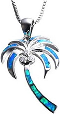 Fortonatori Created Blue Opal Necklace Palm Tree Cute 925 Silver Pendant Necklace 18" Chain