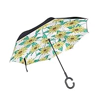 Jojogood Fantastic Sunflowers Inverted Umbrella Reverse Auto Open Double Layer Windproof UV Protection Upside Down Umbrella for Car Rain Outdoor Use