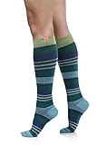 Vim & VIGR Women's 15-20 mmHg Compression Socks: Fun Stripes - Aqua & Green (Cotton) (Medium)
