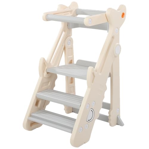 Dollate Foldable Adjustable Toddler Step Stool with Safety Rail, Anti-Slip Kitc…