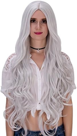 Aosler 32" Wig Heat Resistant Women Long Curly Hair No Bangs Wigs for Cosplay,Costume Party,Halloween (Silver)