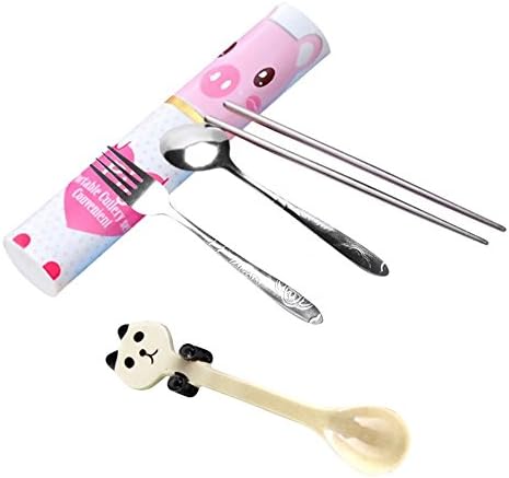 KateDy Portable Tableware Stainless Steel Spoon Fork and Chopsticks Set with Cartoon Pencil Holder Storage Case + Ceramic Dessert Spoon Coffee Tea Spoon (Pink + Panda)