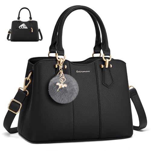RAINSMORE Women's Medium PU Leather Handbag, Small Handbag, Shoulder Bag for Daily, Work, black