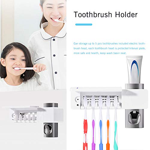 ALLOMN Toothpaste Dispenser and Toothbrush Holder, UV Toothbrush Sterilizer Holder Wall Mount Automatic Toothpaste Dispenser with Toothbrush Holder USB Powered (White)
