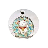 Lucky Cat Necklace Pink and Blue Flower Blossom Maneki Neko Good Luck
