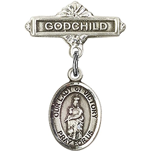 Sterling Silver Baby Badge with Our Lady of Victory Charm and Godchild Badge Pin 1 X 5/8 inches