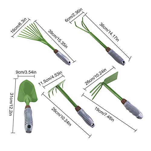 KEJIH Five-Piece Gardening Tools Set Potted Flower - Including Double Use Hoe 3 prongs,9-Teeth Leaf rake, 5-Teeth rake,Cultivator/Weeder,Trowel/Shovel with High Carbon Steel and Soft PVC Handle Grip