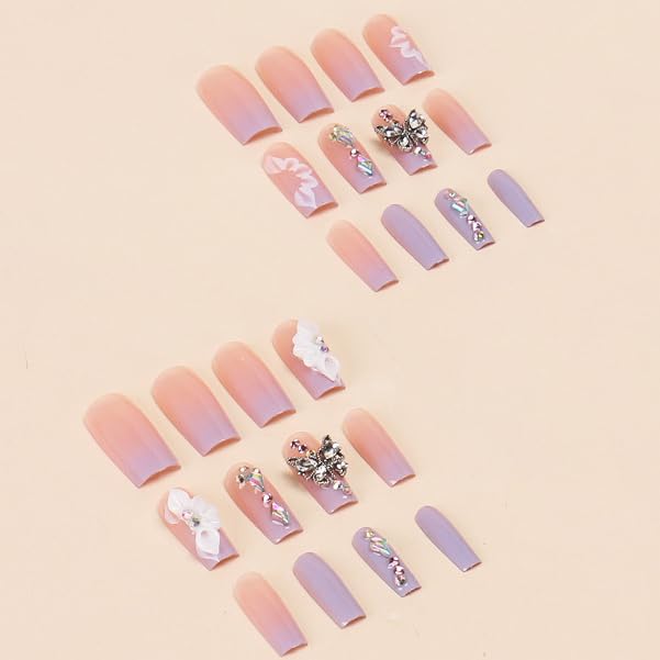 BABALAL Purple Press on Nails Long Square Fake Nails Butterfly Design Glue on Nails 3D Flower Charm Acrylic Nails 24Pcs Bling Squoval Luxury Full Cover False Nails - Image 2
