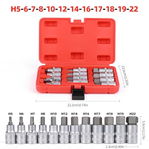 12 Pieces Hex Socket Set, 1/2 Hex Socket Set, 5-22 mm Steel Socket Set with Portable Case, Anti-Corrosion for Automotive and Industrial Use (Red)